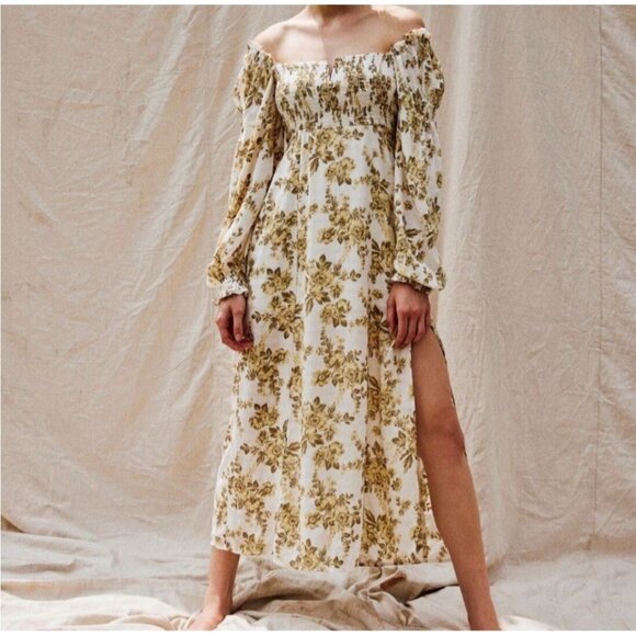 Free People Jaymes Midi Dress Floral Printed Smocked V Neck Long Sleeve Size XL - Picture 1 of 16
